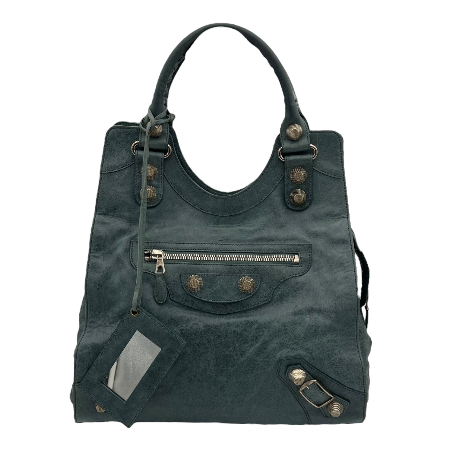 Motocross Giant City Blue Shoulder Bag in Distressed Leather, Silver hardware