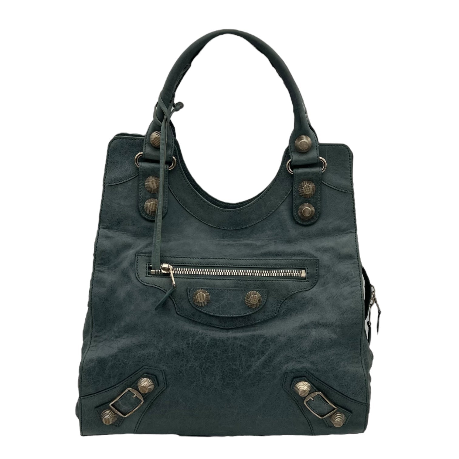 Motocross Giant City Blue Shoulder Bag in Distressed Leather, Silver hardware