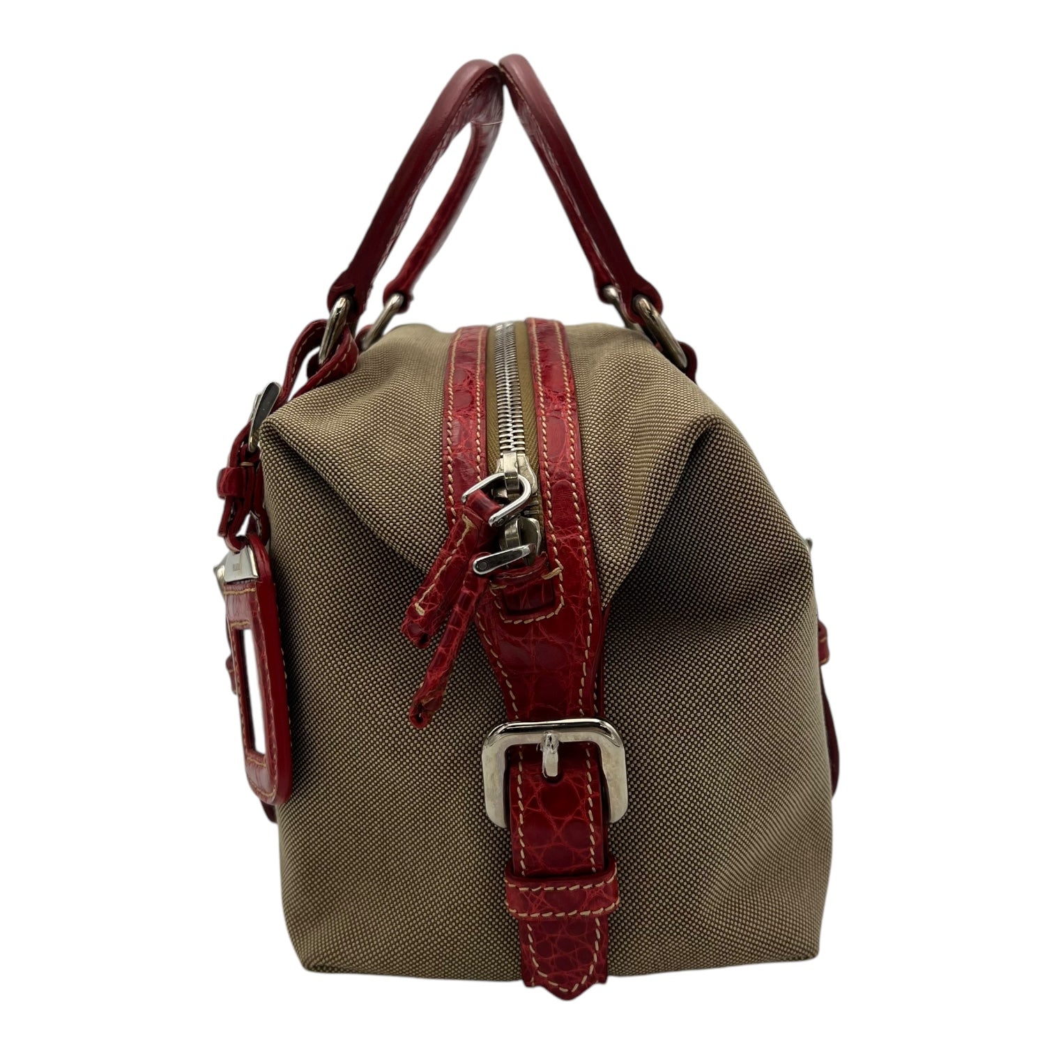 Logo Top Handle Bag Brown in Canvas, Silver hardware