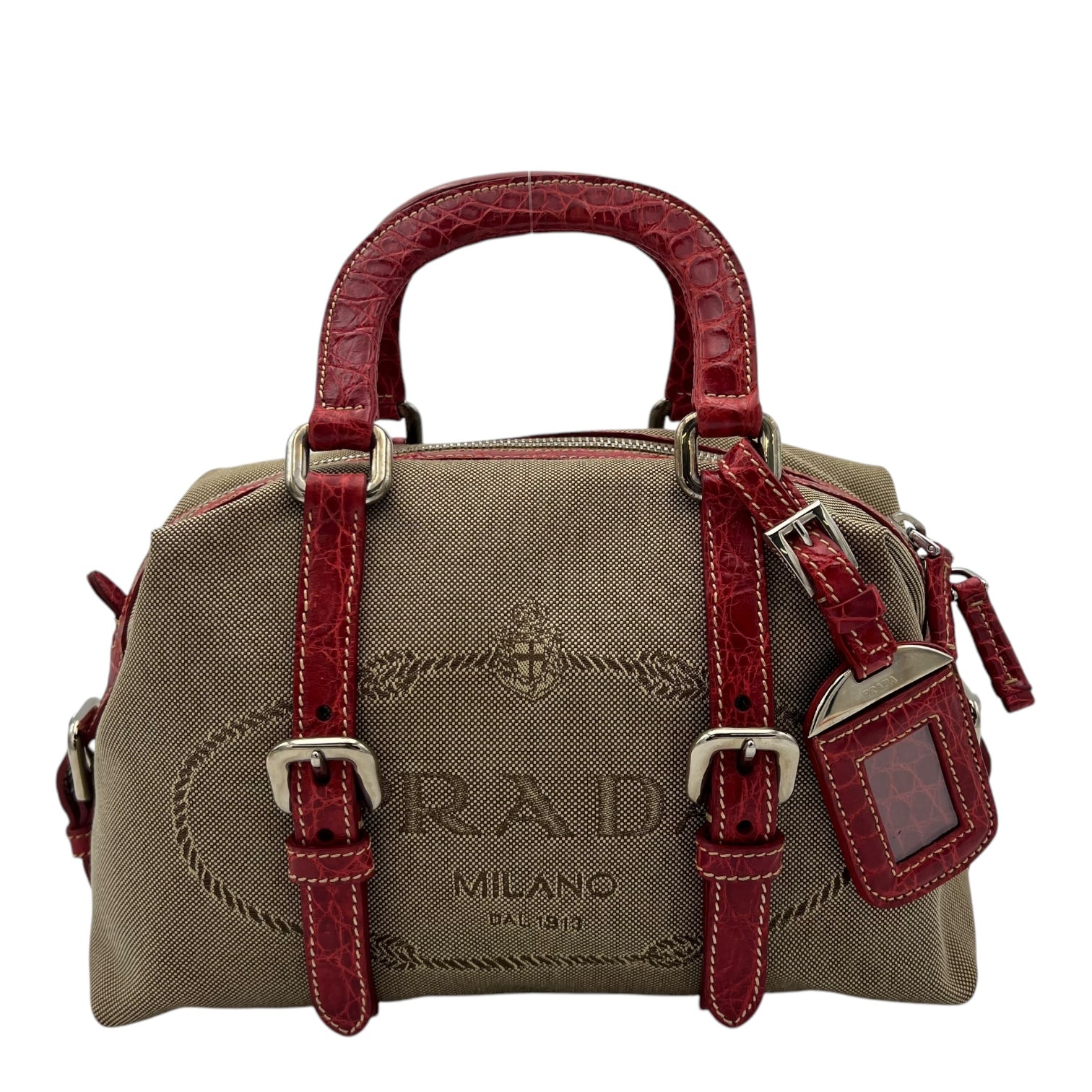 Logo Top Handle Bag Brown in Canvas, Silver hardware