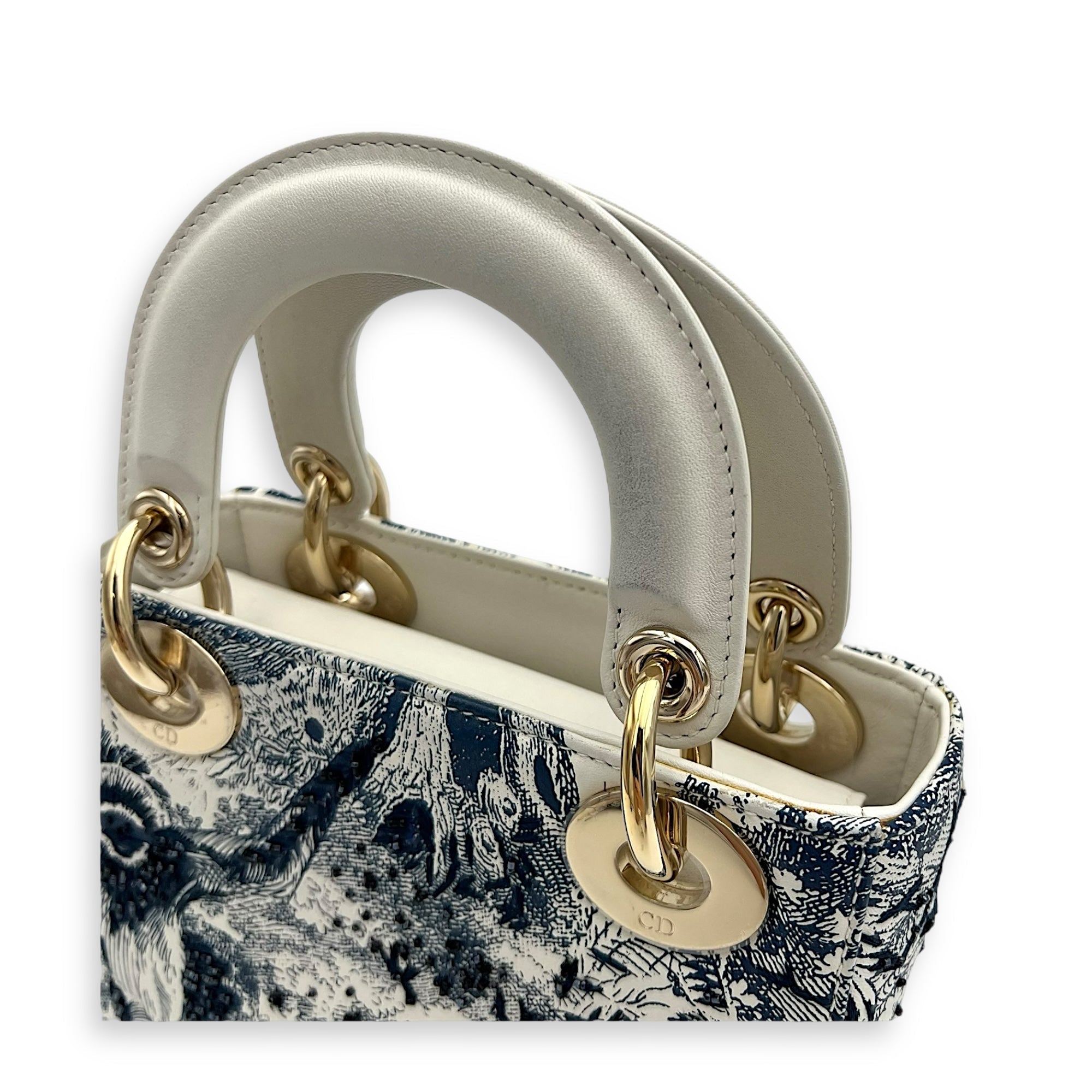 Lady Dior Mini White Top Handle Bag in Calfskin, Gold hardware