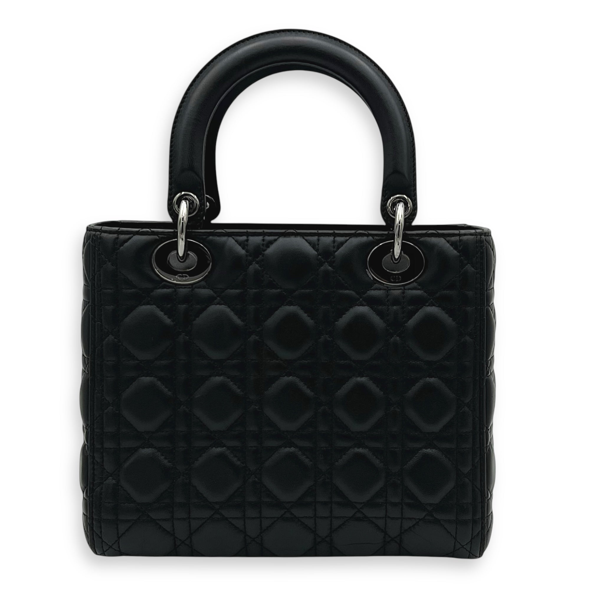 Lady Dior Medium Black Top Handle Bag in Calfskin, Gunmetal hardware
