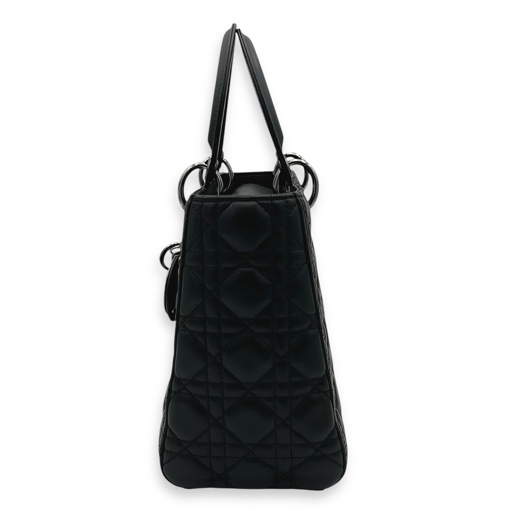 Lady Dior Medium Black Top Handle Bag in Calfskin, Gunmetal hardware