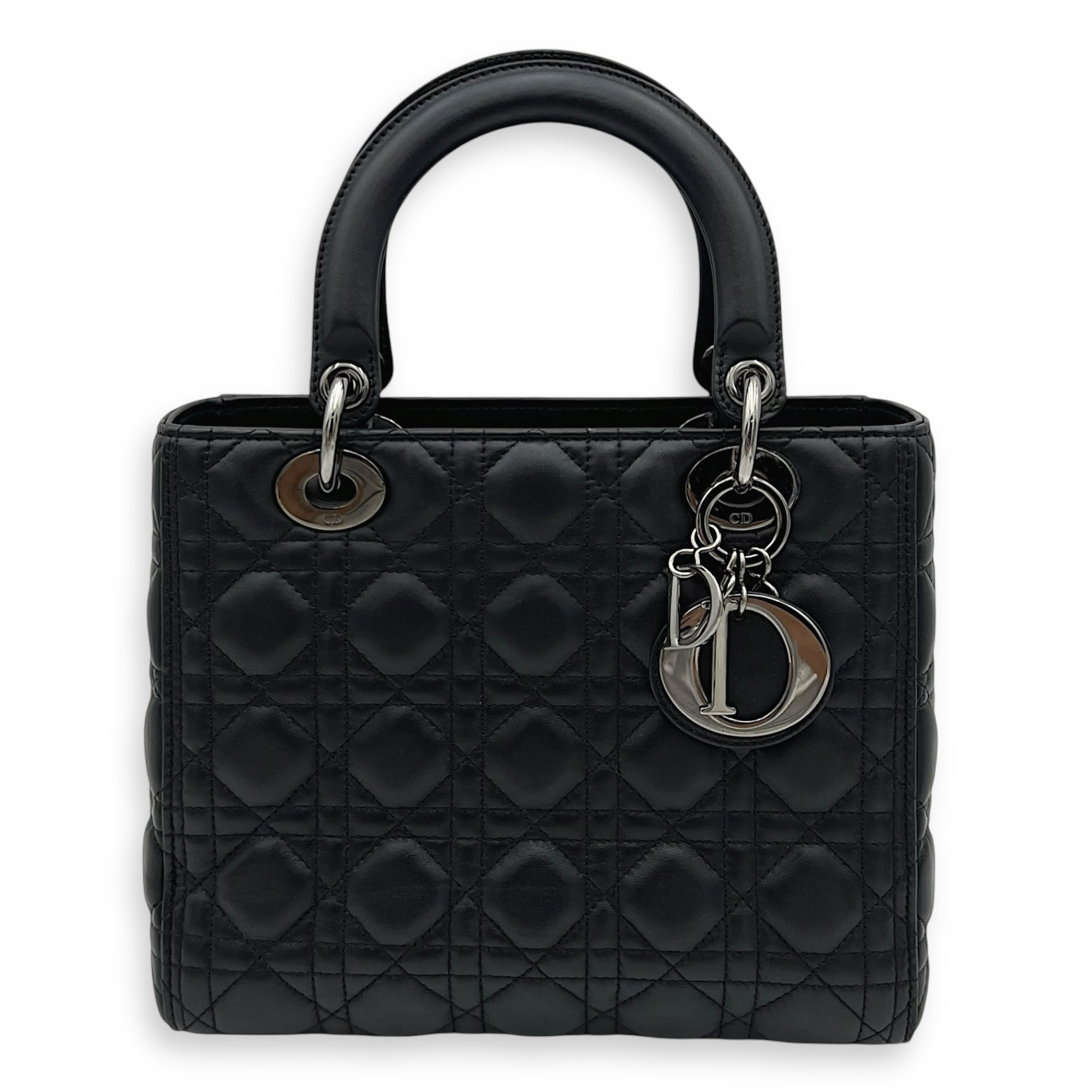 Lady Dior Medium Black Top Handle Bag in Calfskin, Gunmetal hardware