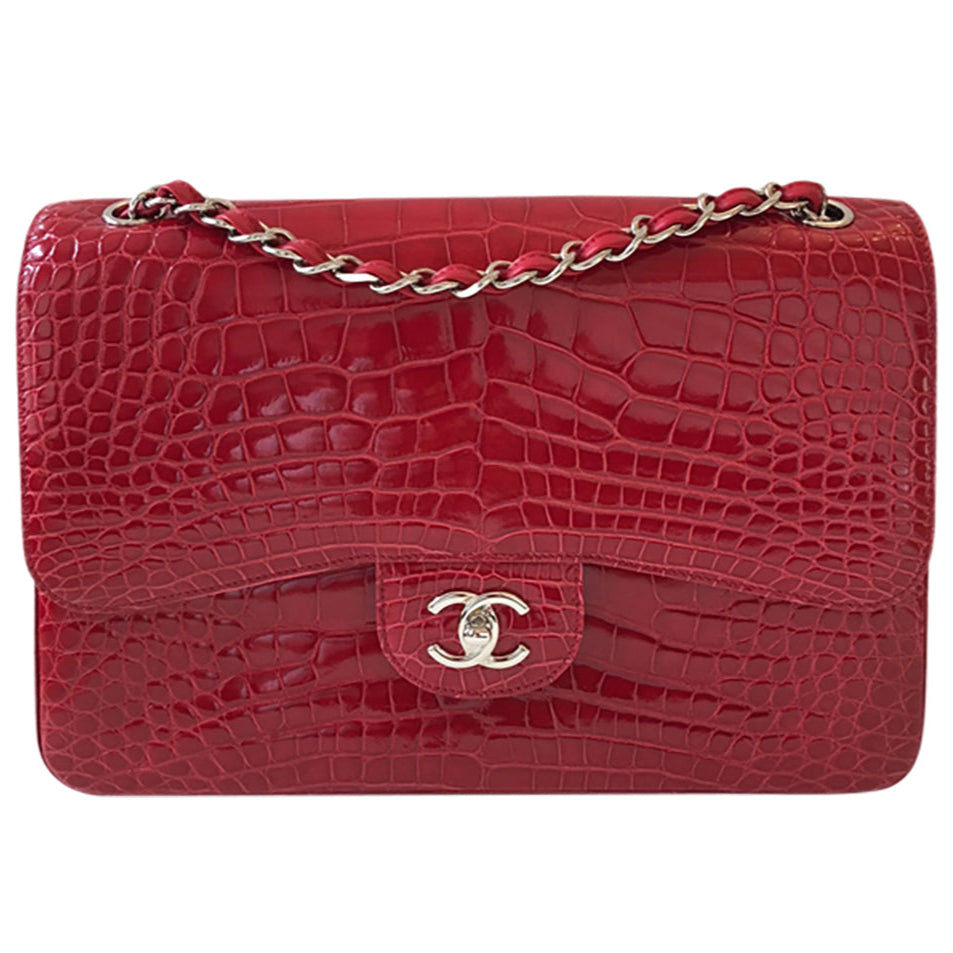 Chanel Red Jumbo Flap 2.55 Shiny Alligator Bag