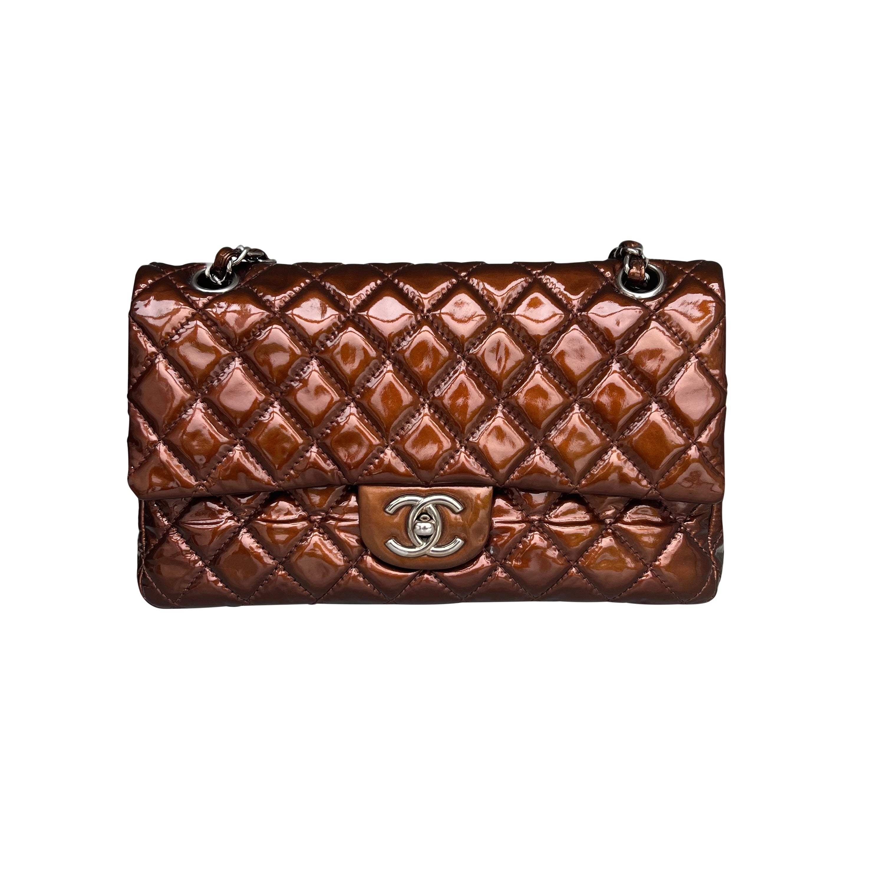 Chanel Medium Double Flap Bag Metallic Patent Leather Bronze