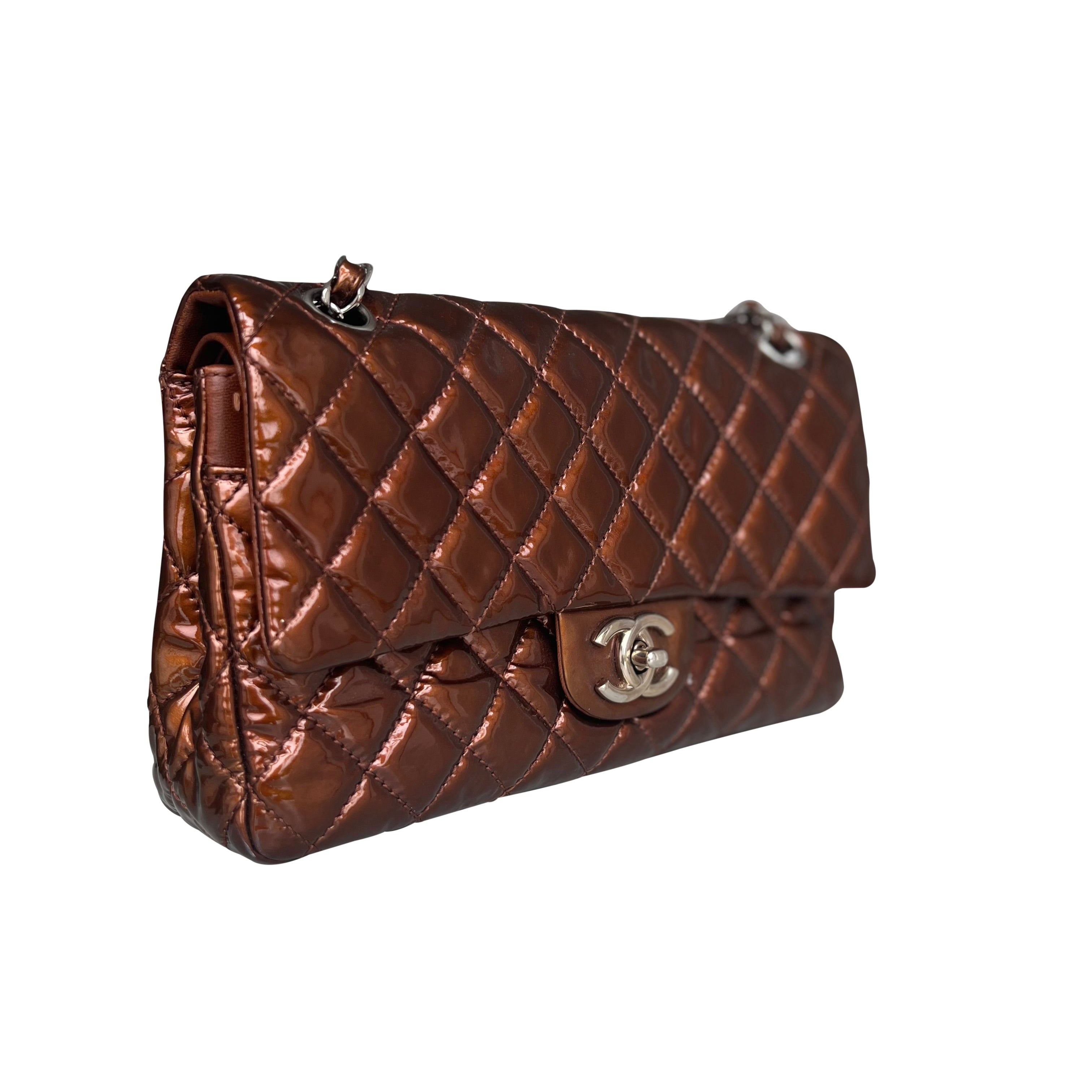Chanel Medium Double Flap Bag Metallic Patent Leather Bronze