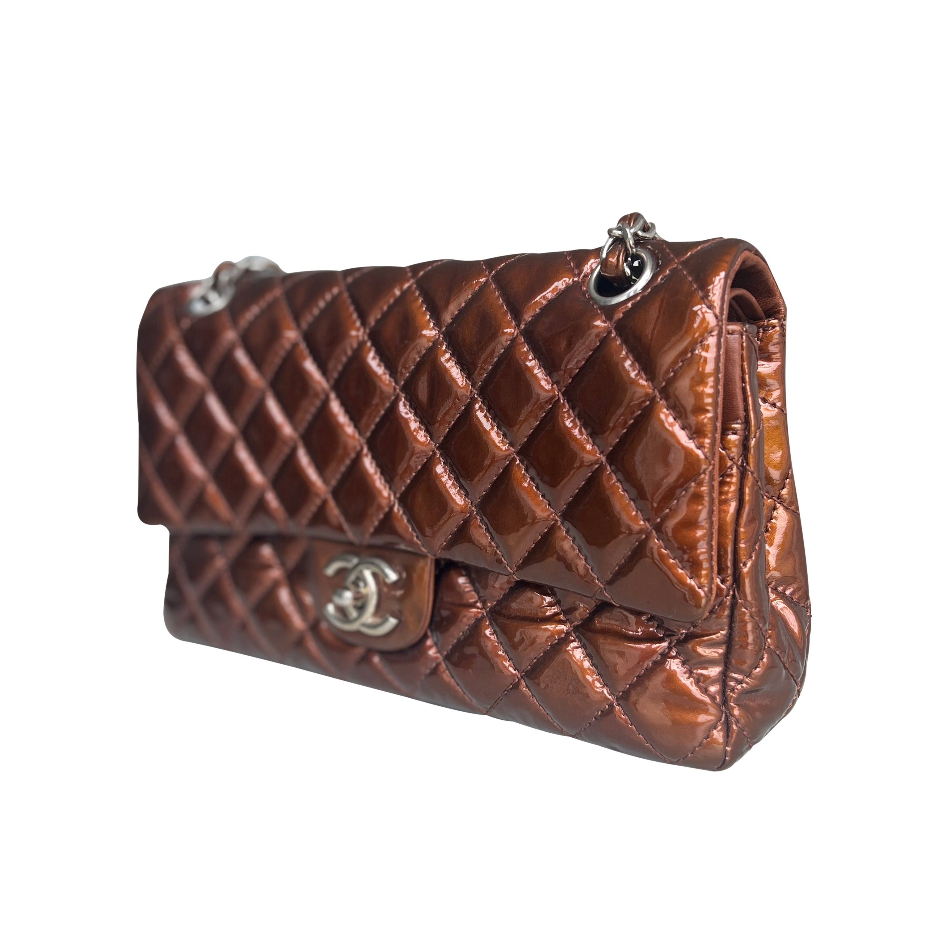 Chanel Medium Double Flap Bag Metallic Patent Leather Bronze