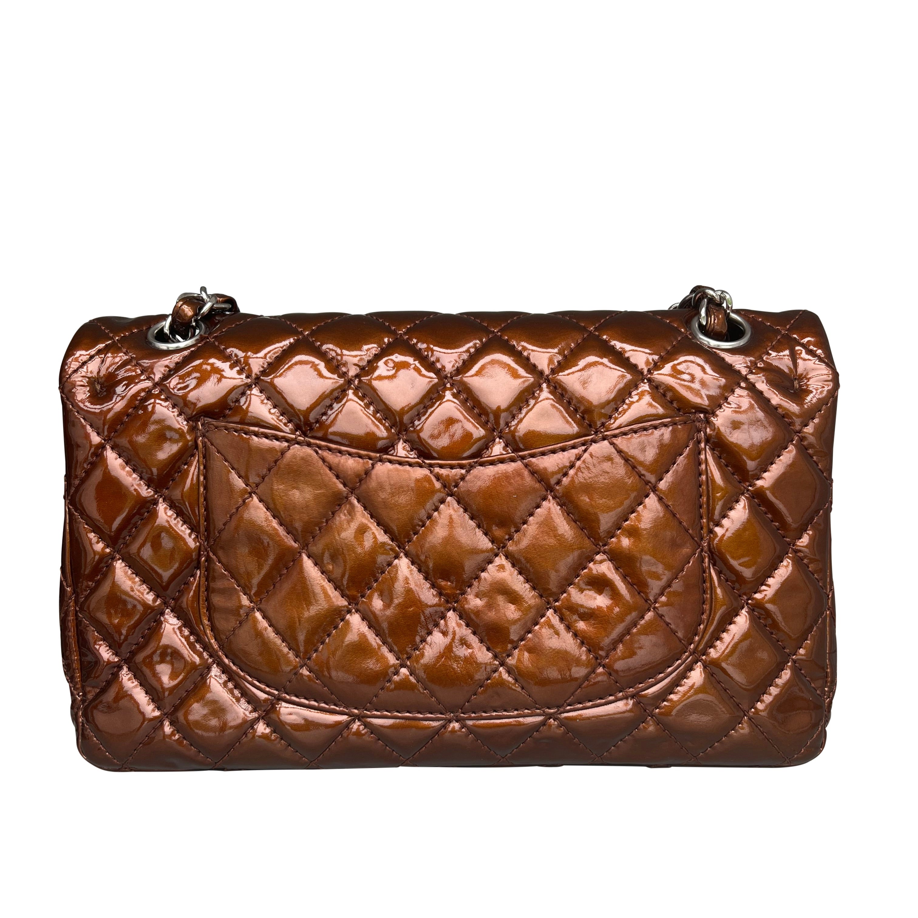 Chanel Medium Double Flap Bag Metallic Patent Leather Bronze