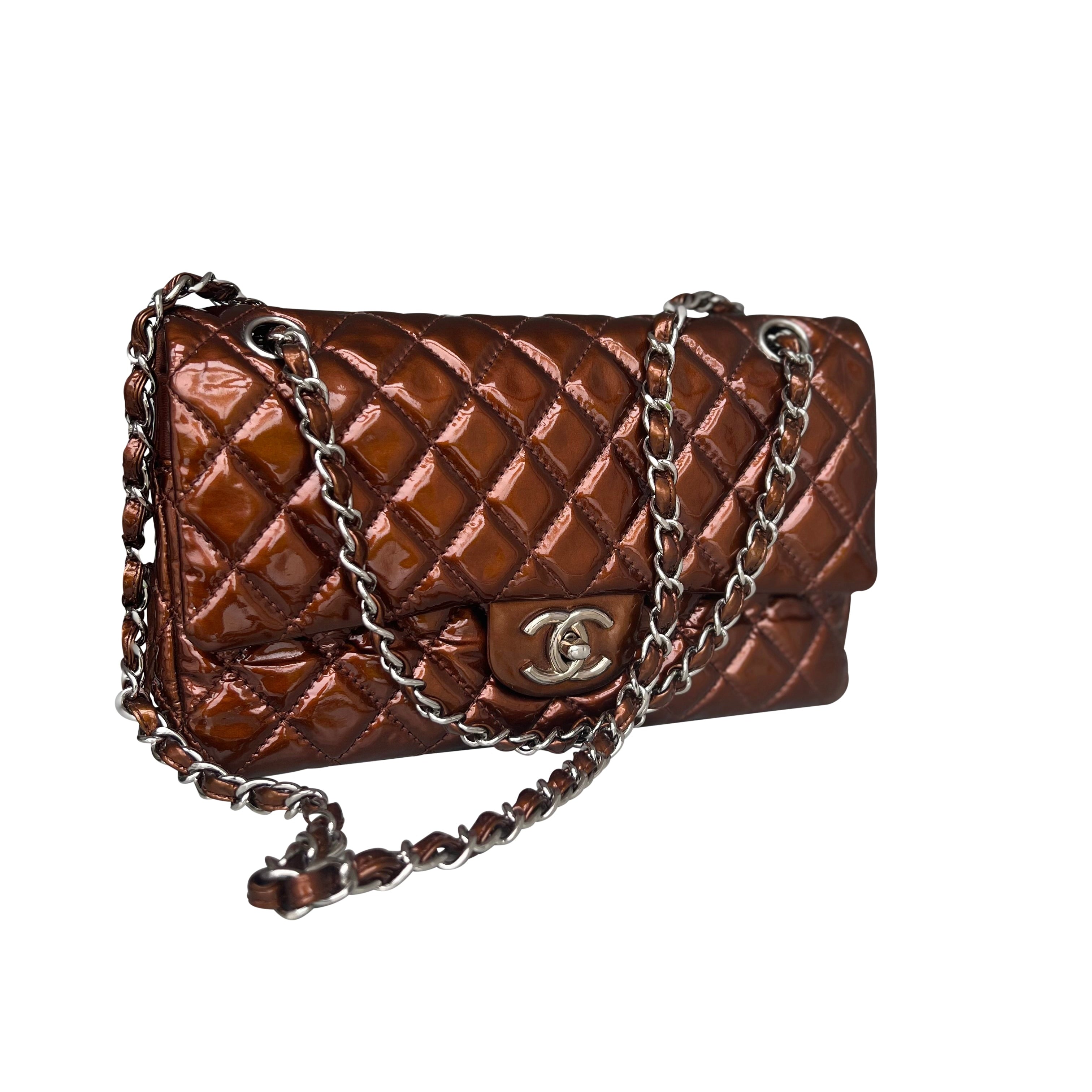 Chanel Medium Double Flap Bag Metallic Patent Leather Bronze