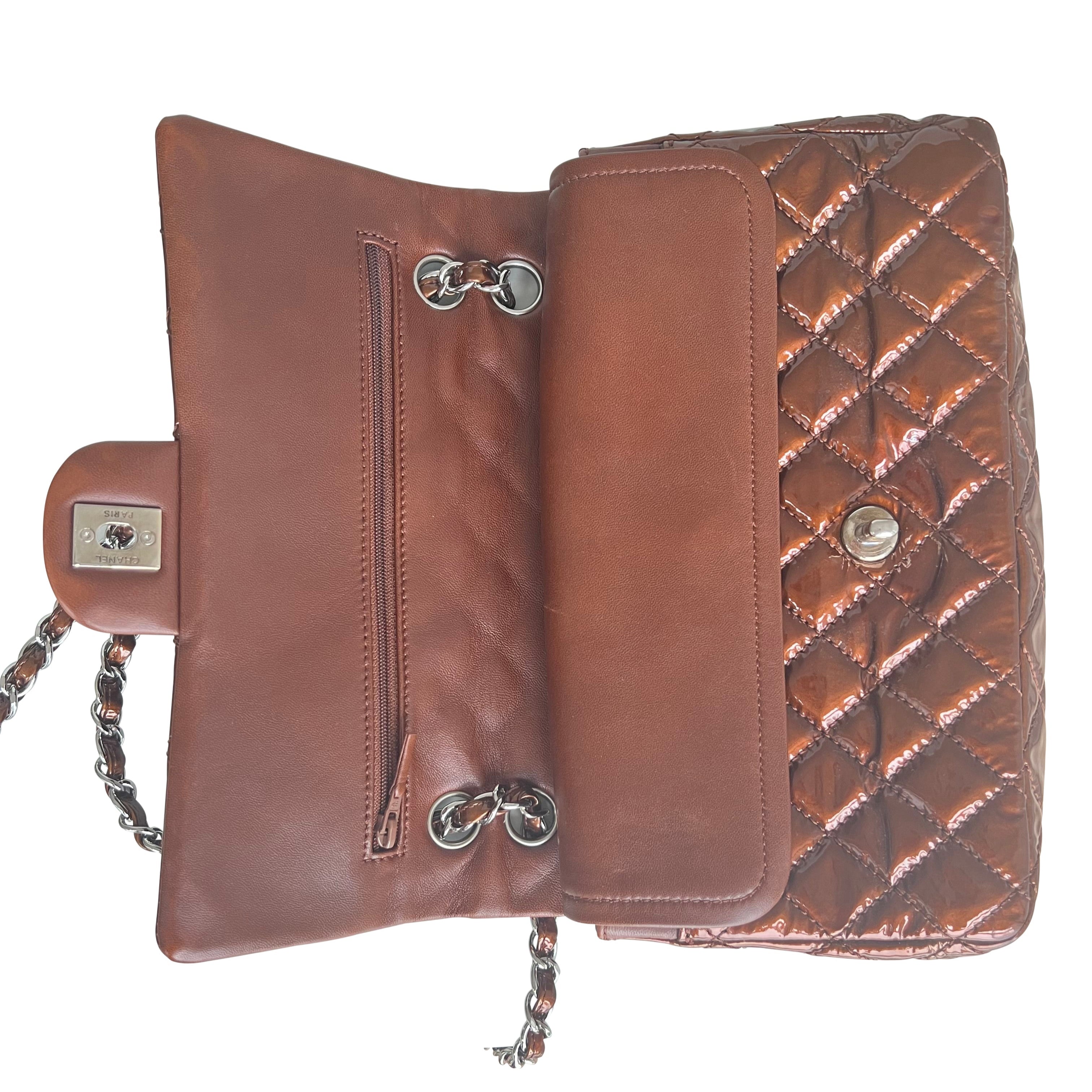 Chanel Medium Double Flap Bag Metallic Patent Leather Bronze