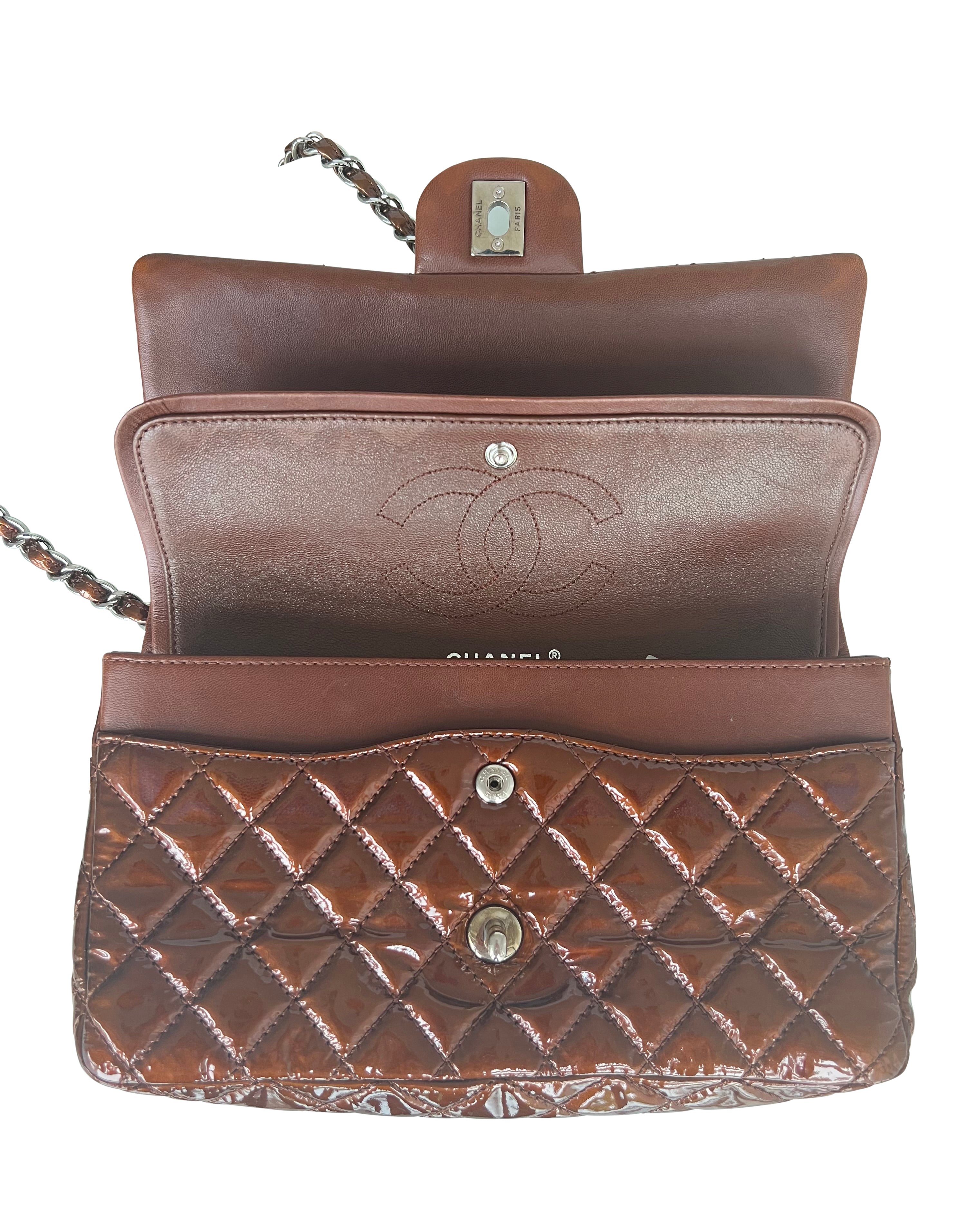 Chanel Medium Double Flap Bag Metallic Patent Leather Bronze