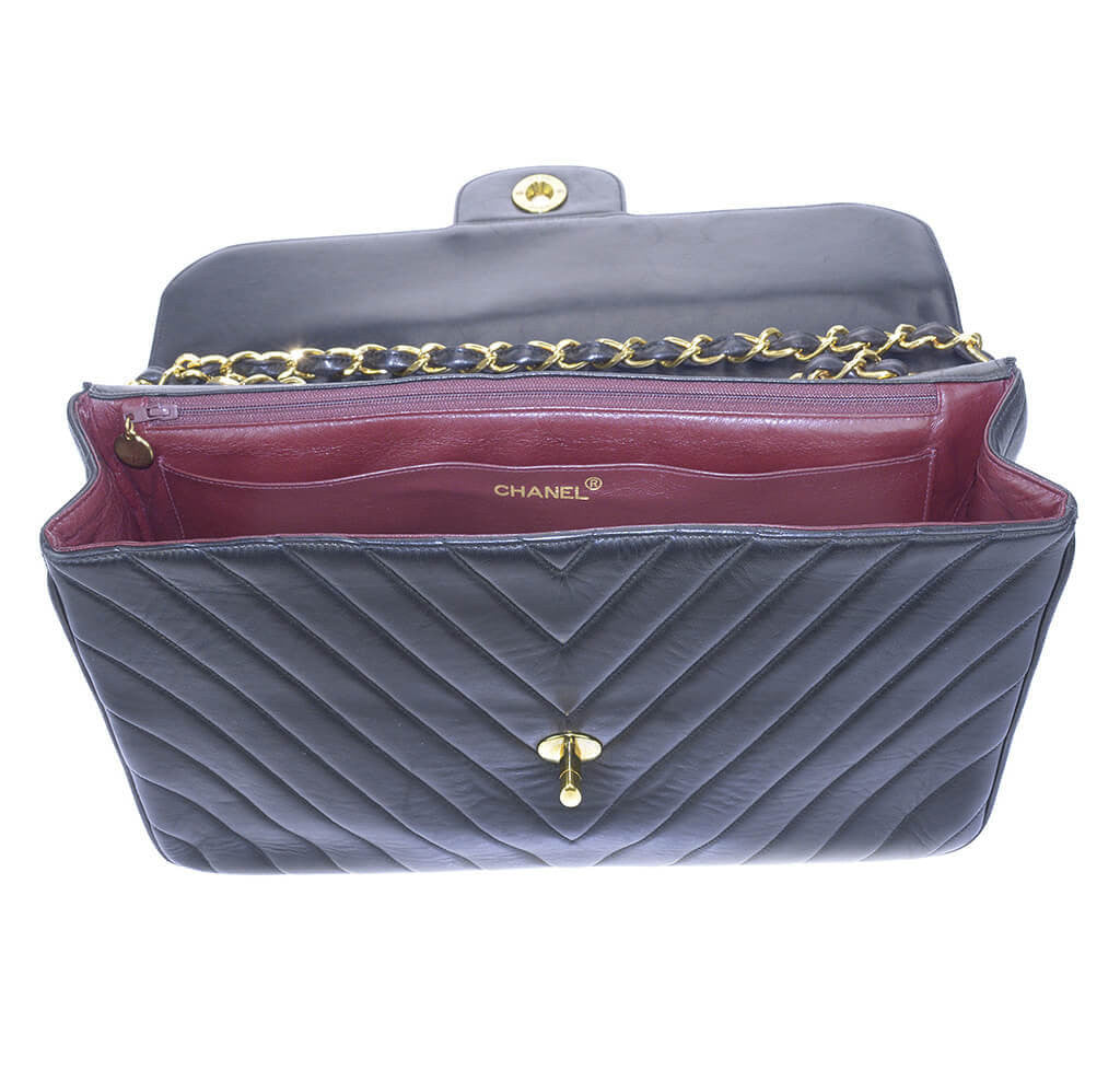 Chanel Chevron Flap Bag Black Lambskin Leather