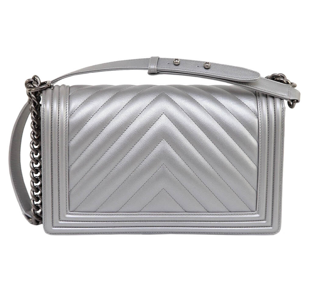 Chanel Metallic Grey Silver Boy Bag Caviar Leather