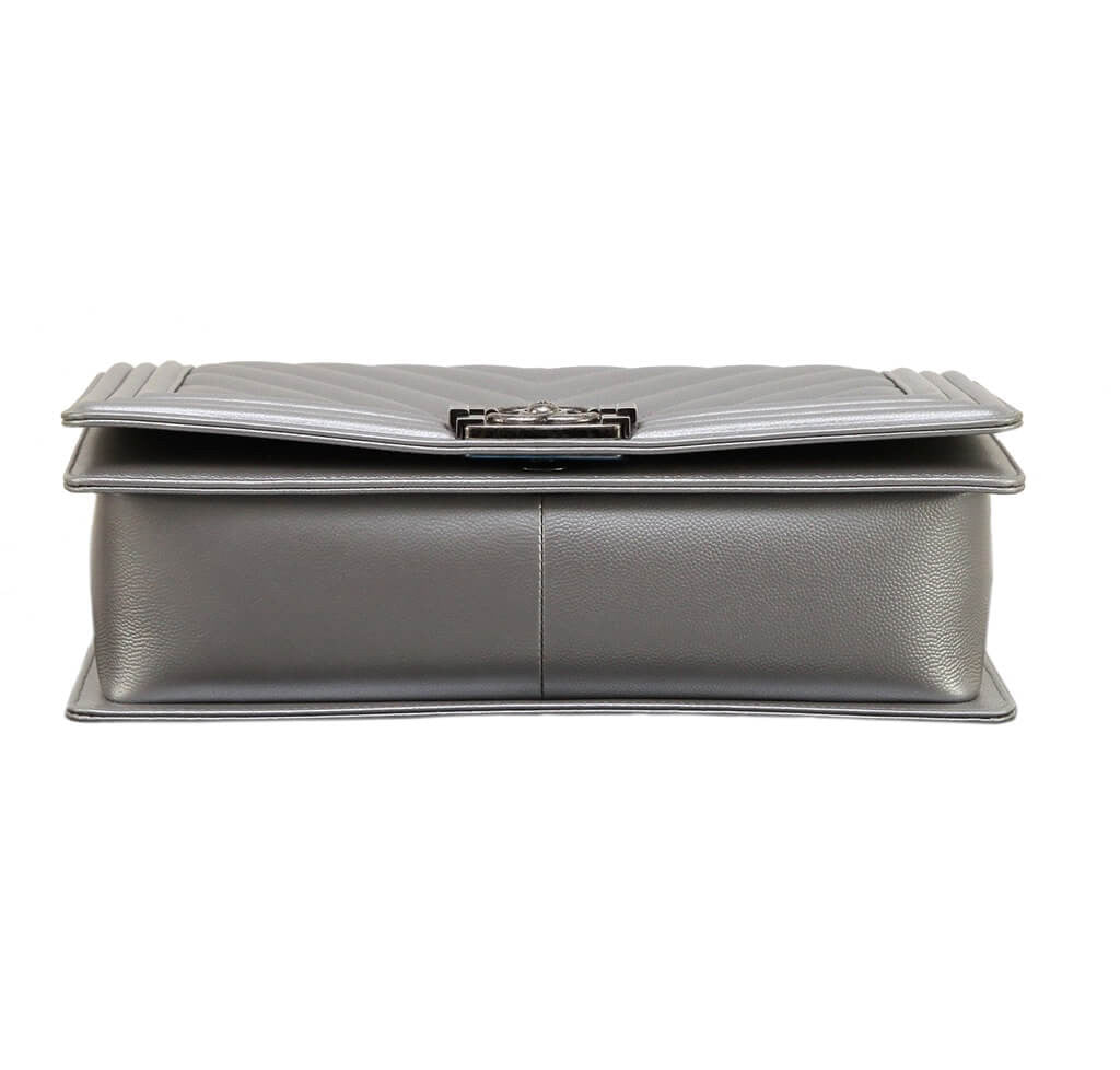 Chanel Metallic Grey Silver Boy Bag Caviar Leather