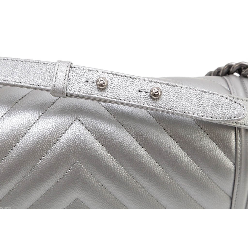 Chanel Metallic Grey Silver Boy Bag Caviar Leather