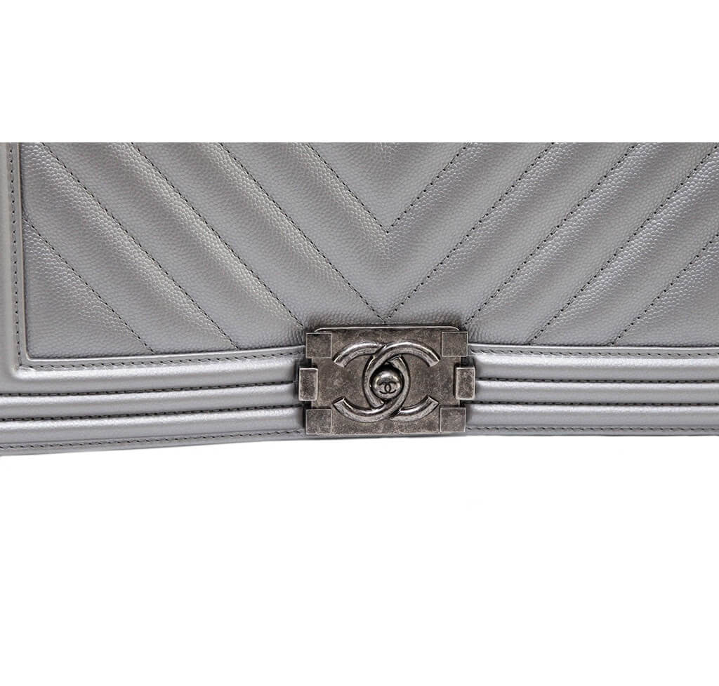 Chanel Metallic Grey Silver Boy Bag Caviar Leather