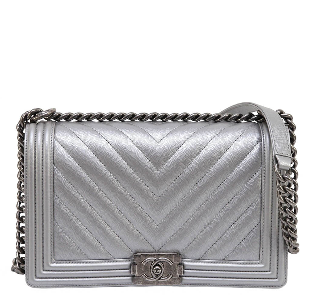 Chanel Metallic Grey Silver Boy Bag Caviar Leather