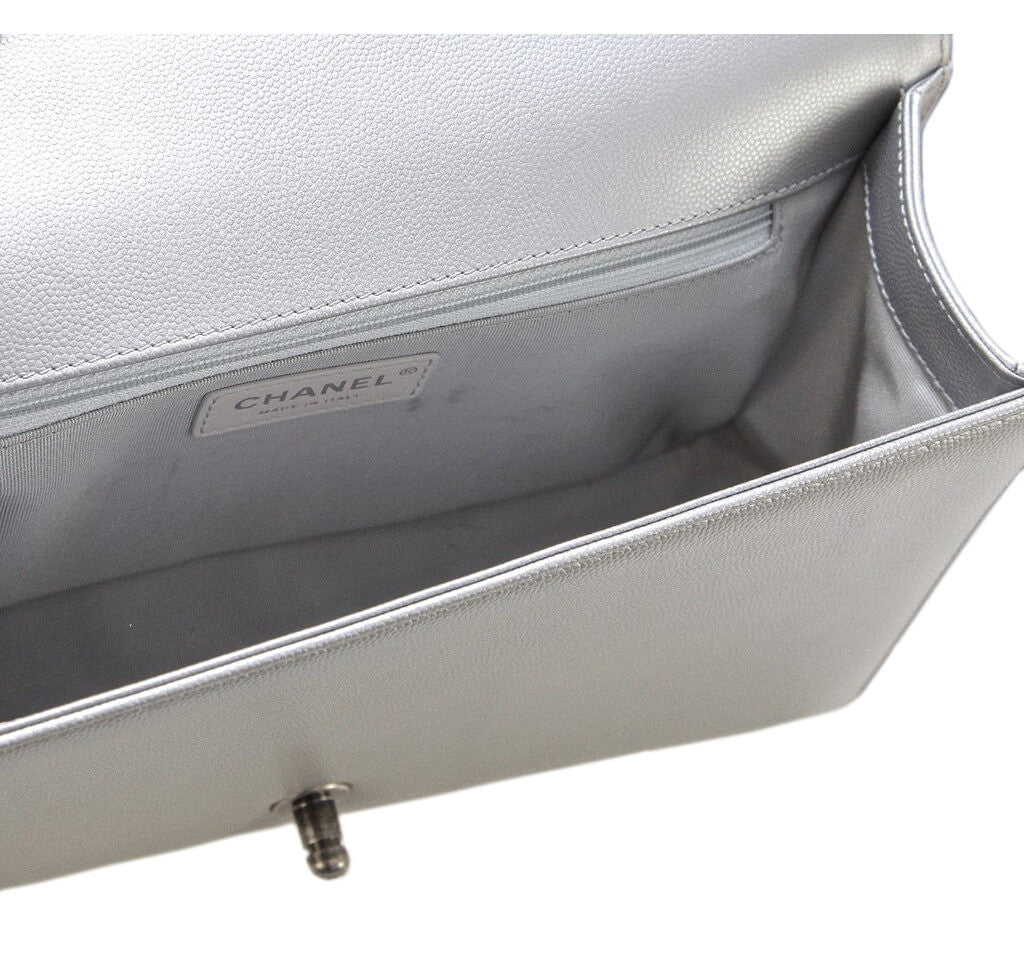 Chanel Metallic Grey Silver Boy Bag Caviar Leather