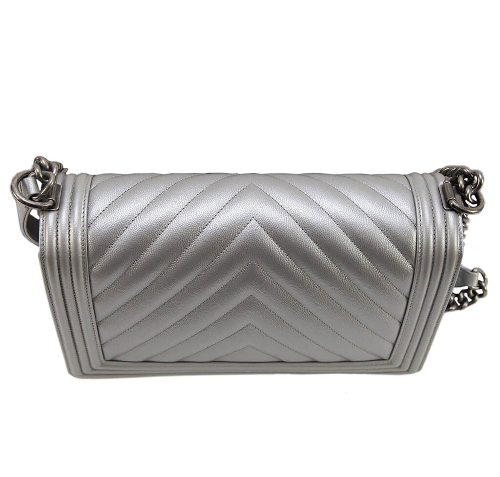Chanel Metallic Grey Silver Boy Bag Caviar Leather