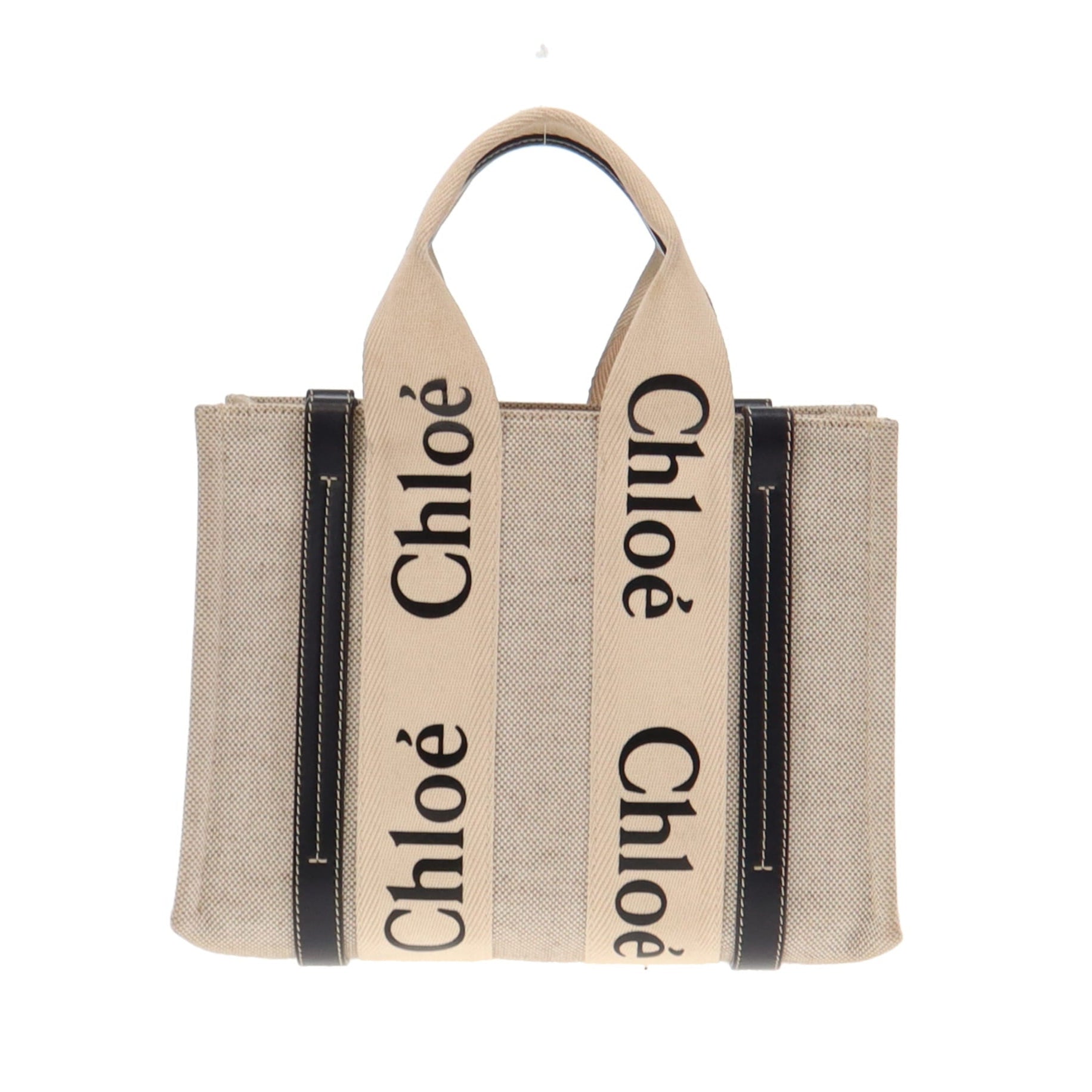 Chloe White and Blue Linen and Calfskin Small Woody Tote Bag