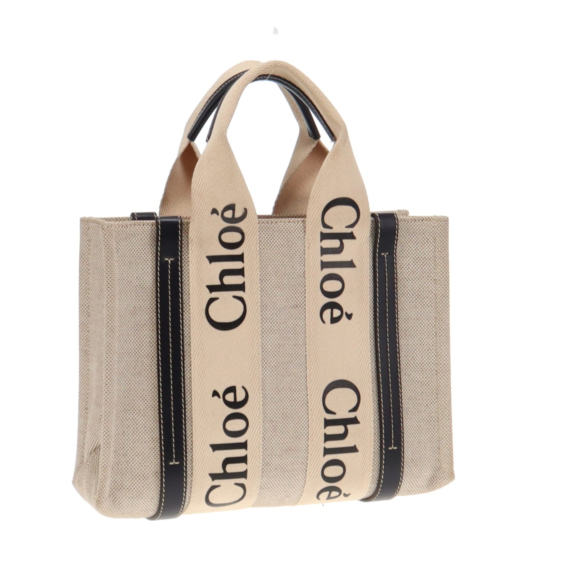 Chloe White and Blue Linen and Calfskin Small Woody Tote Bag