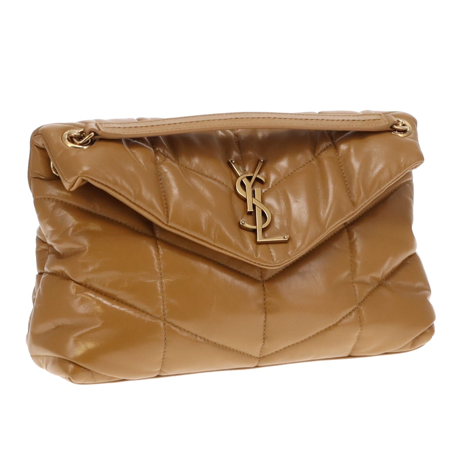 Saint Laurent Tabac Brown Shiny Leather Small Puffer