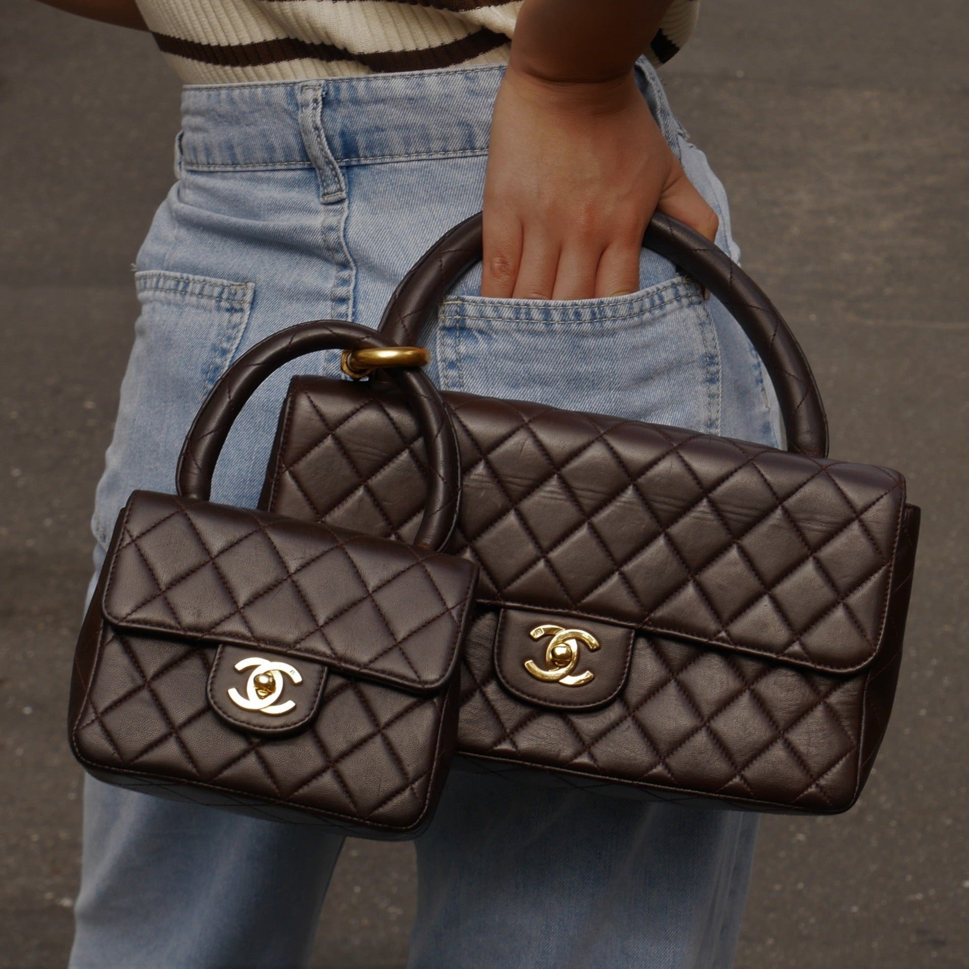 Chanel 1994 Classic Flap Handbag Set Brown Lambskin