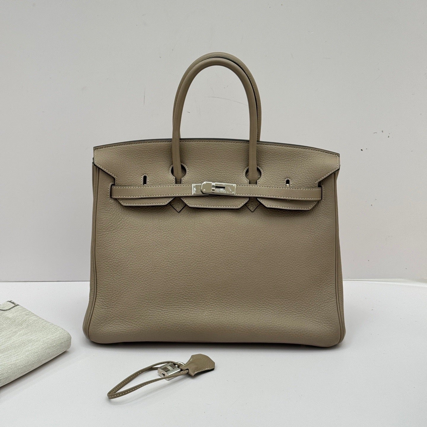 HERMES Clemence Leather Birkin 35 Silver Buckle Handbag Grey