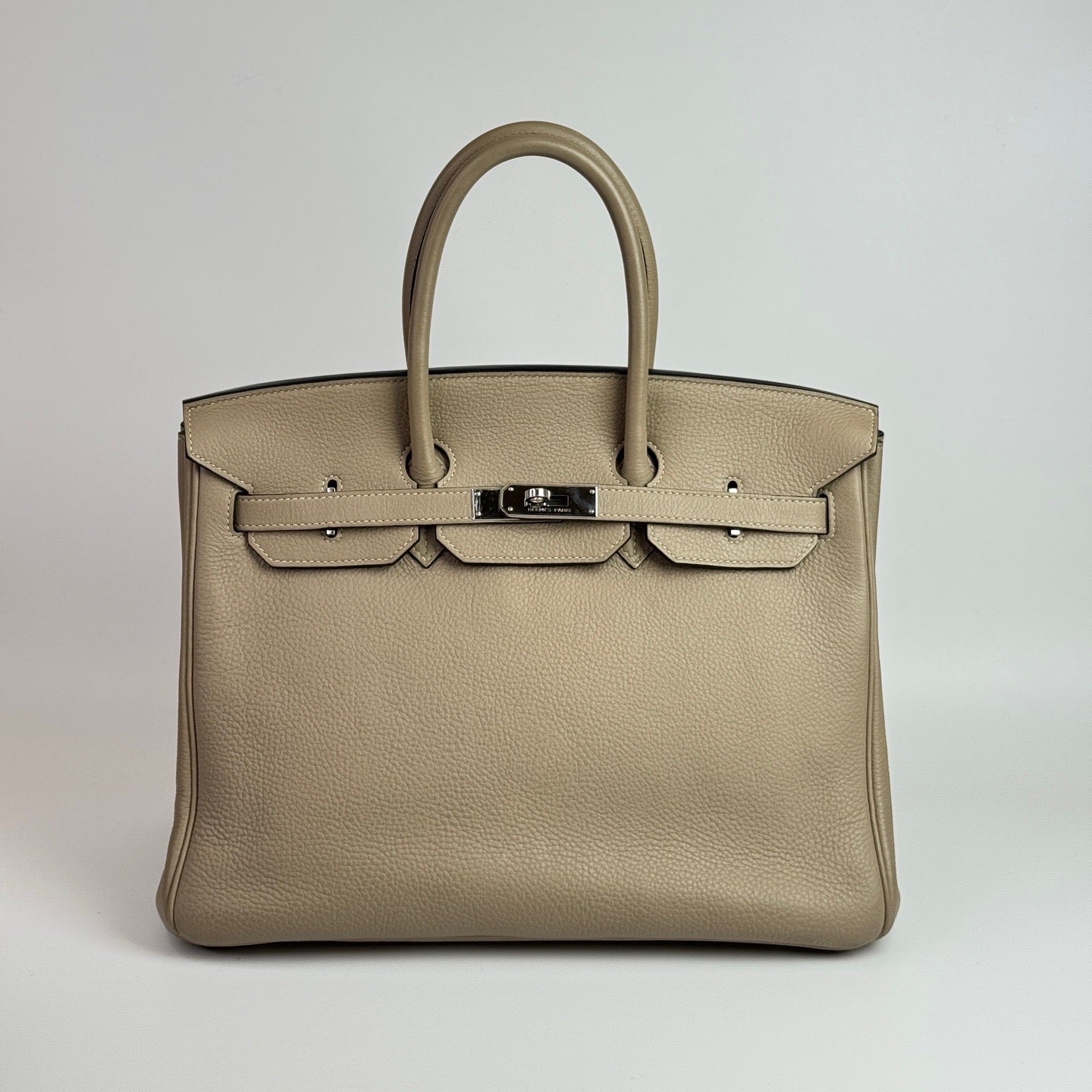 HERMES Clemence Leather Birkin 35 Silver Buckle Handbag Grey