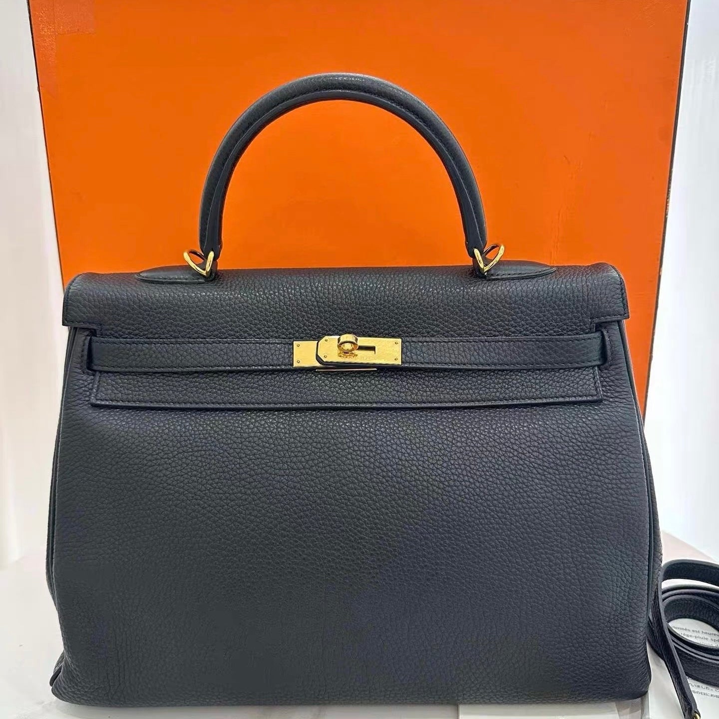 Hermes black Taurillon Clemence leather Kelly 35 handbag