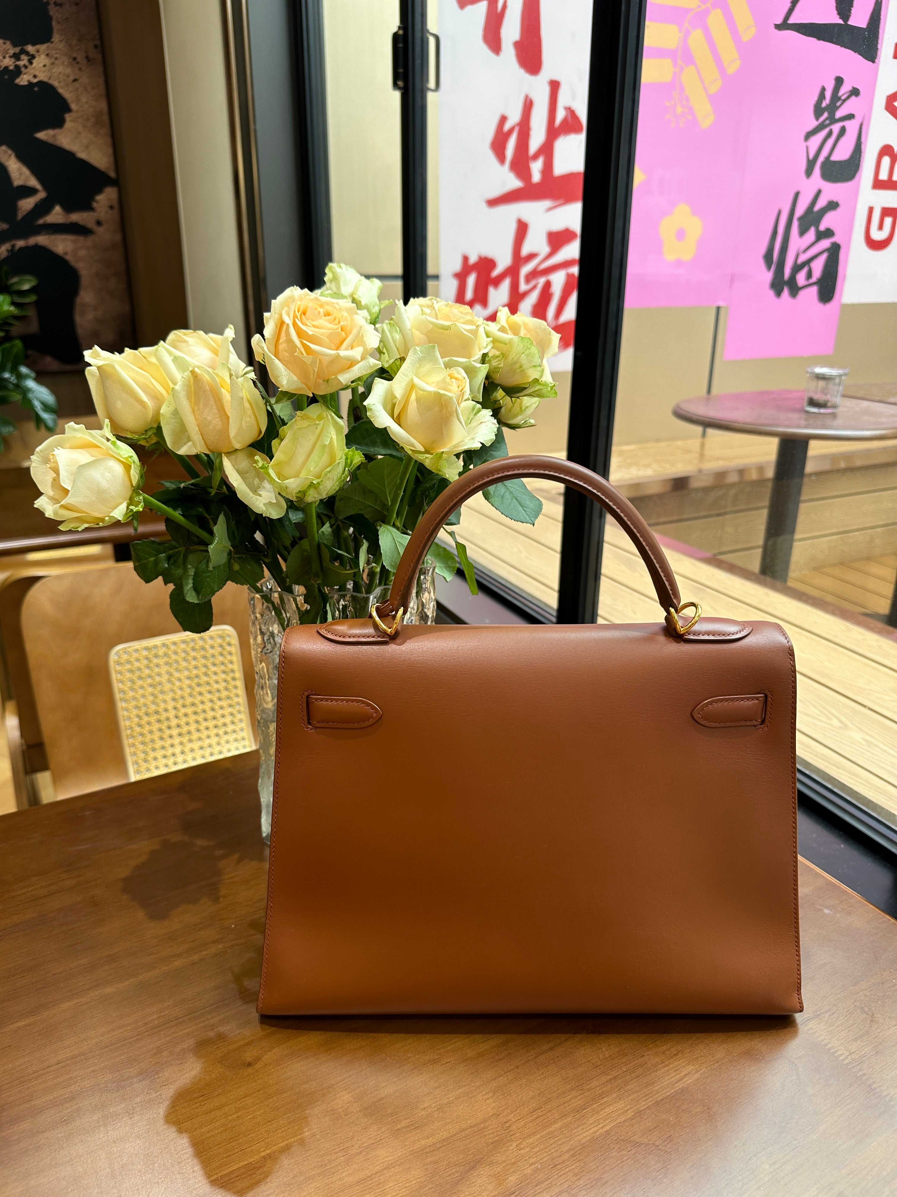 2001 Hermes Kelly 32 Gold Brown Double Ring External Seam Box Leather