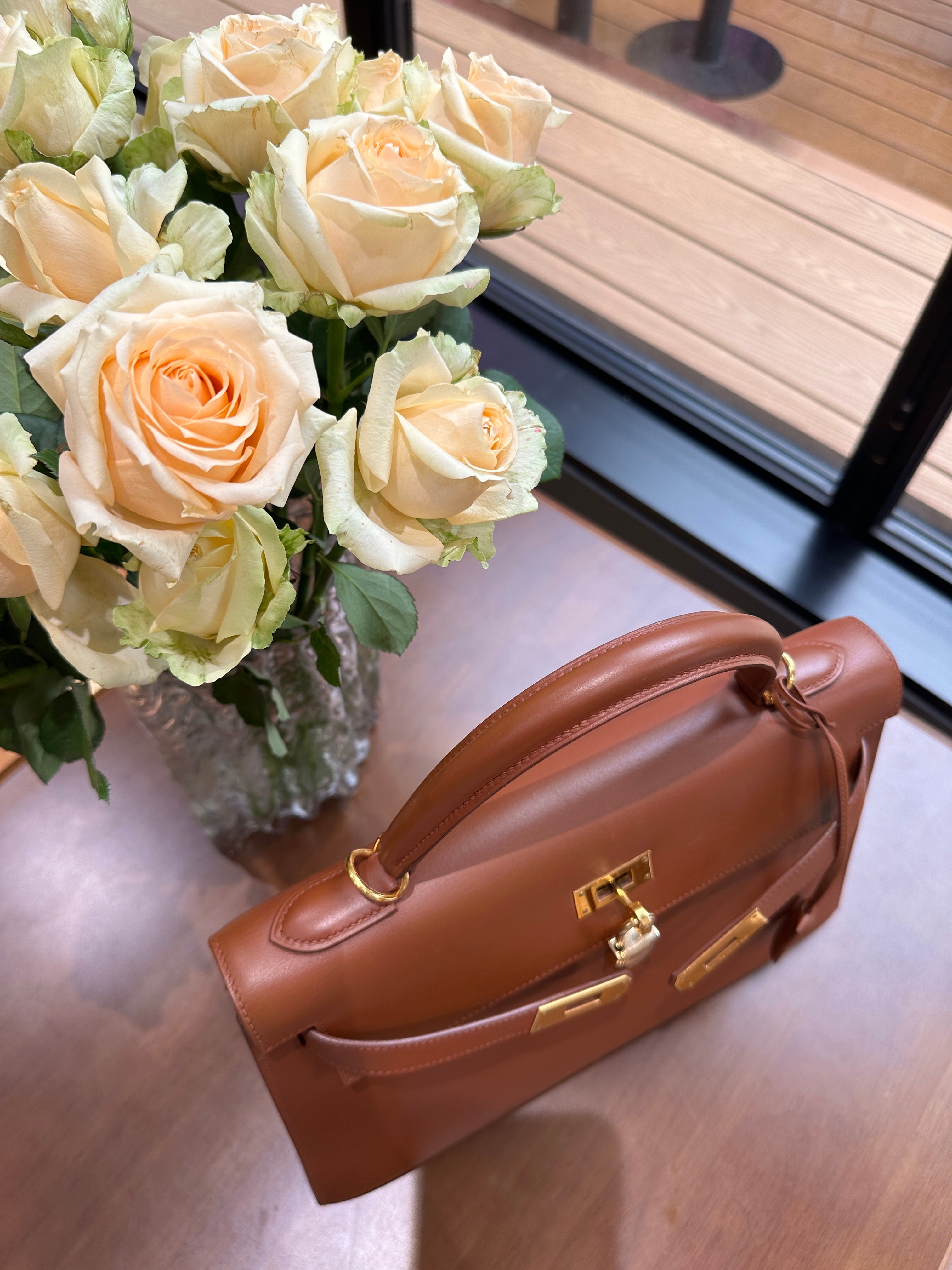 2001 Hermes Kelly 32 Gold Brown Double Ring External Seam Box Leather