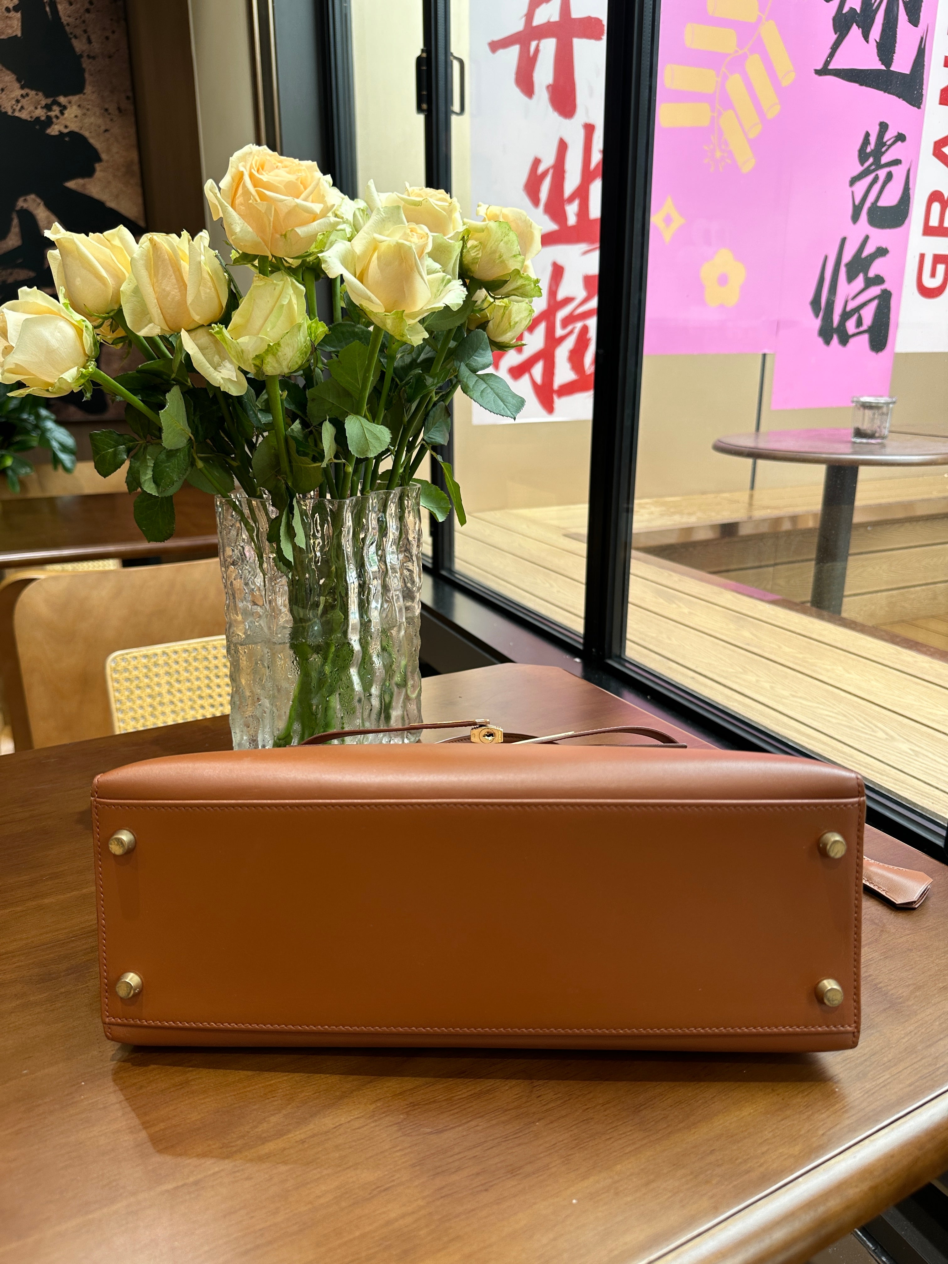 2001 Hermes Kelly 32 Gold Brown Double Ring External Seam Box Leather