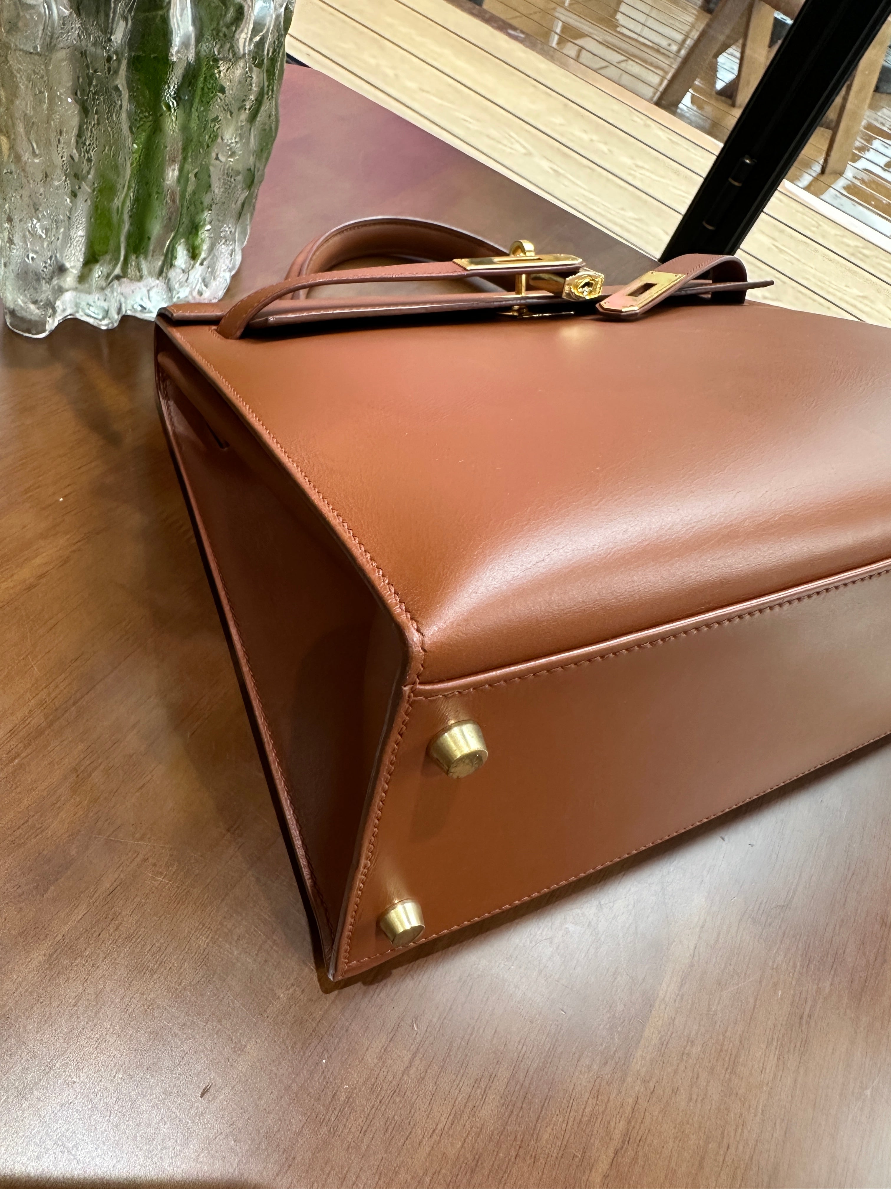 2001 Hermes Kelly 32 Gold Brown Double Ring External Seam Box Leather