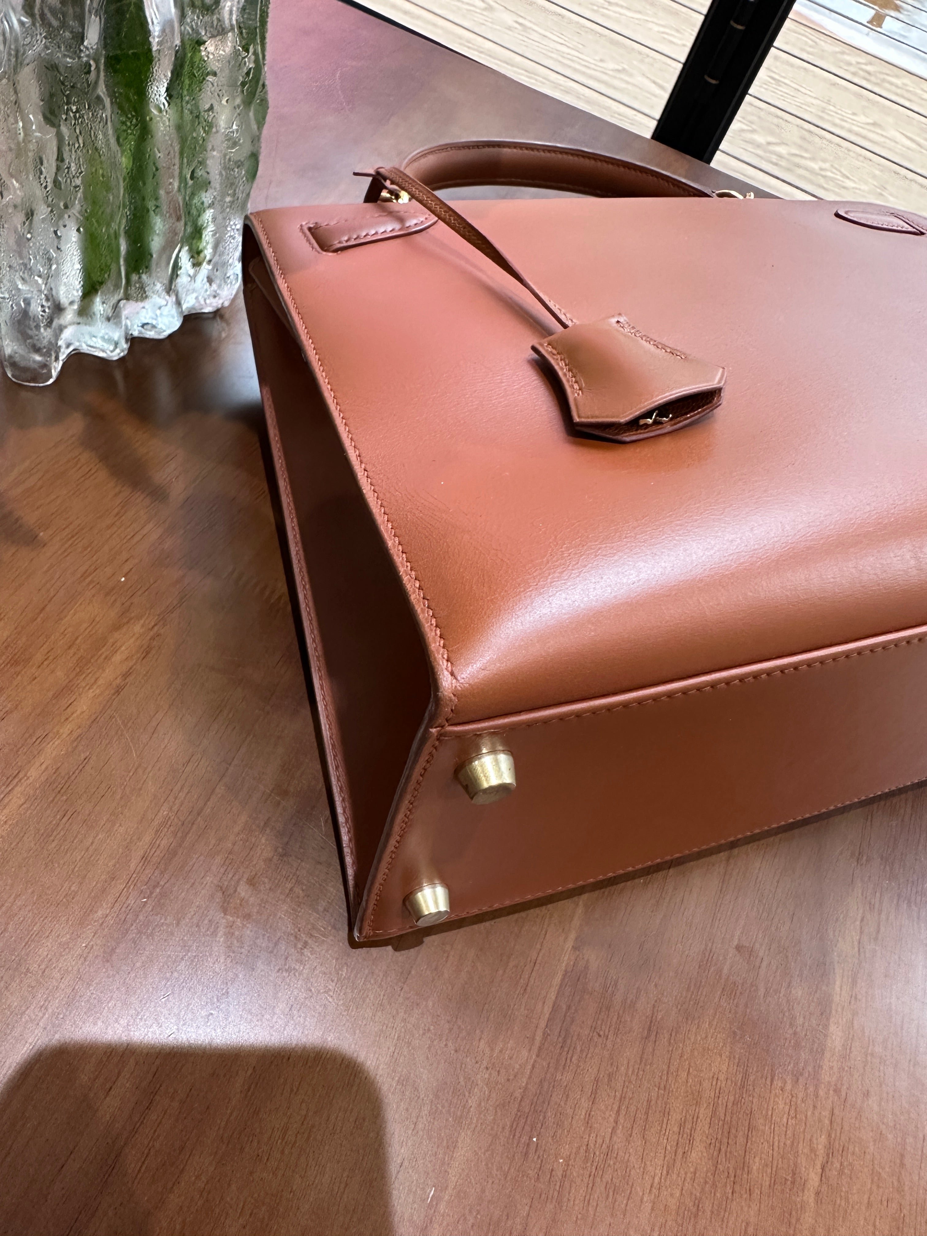 2001 Hermes Kelly 32 Gold Brown Double Ring External Seam Box Leather
