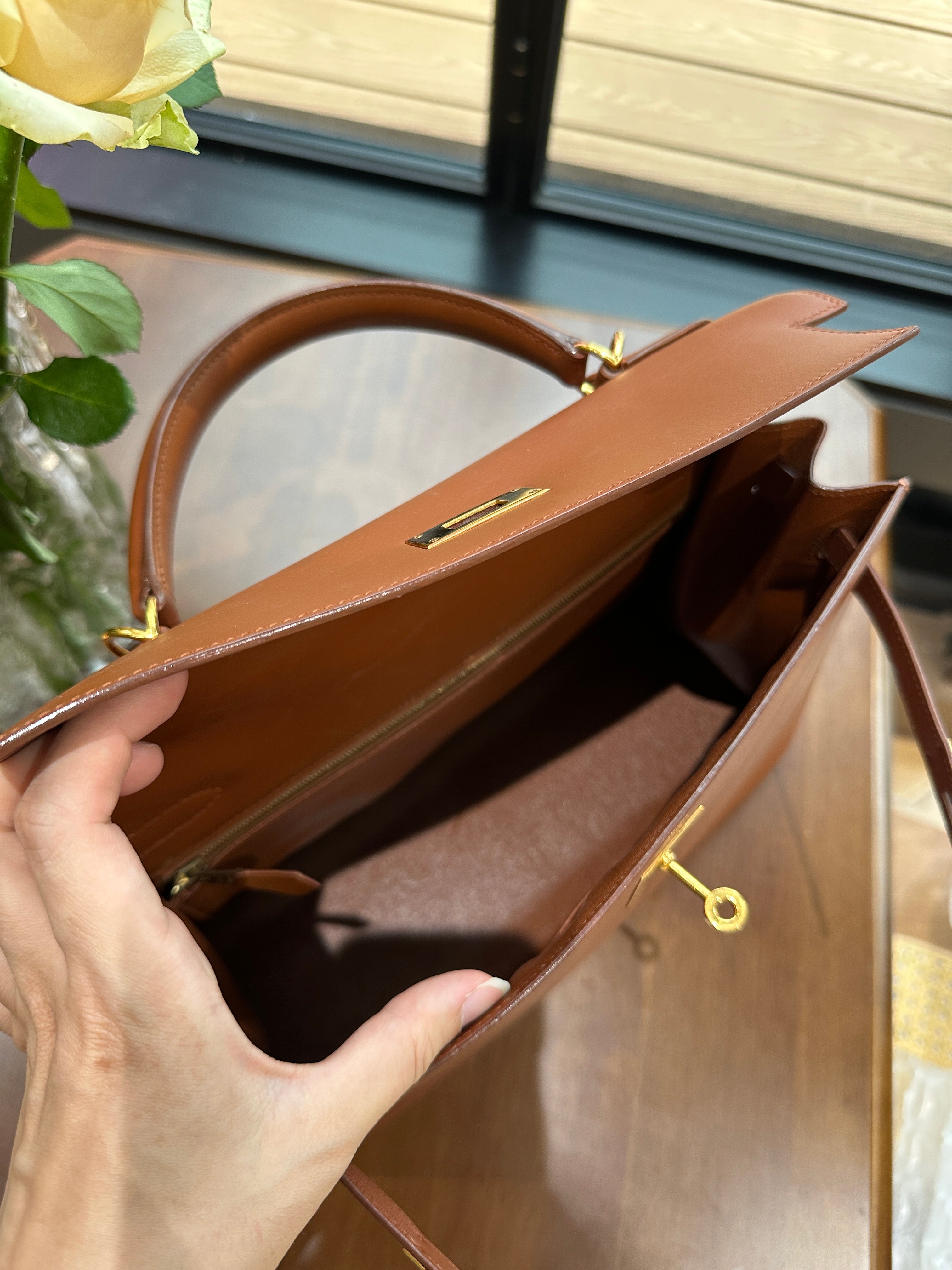 2001 Hermes Kelly 32 Gold Brown Double Ring External Seam Box Leather