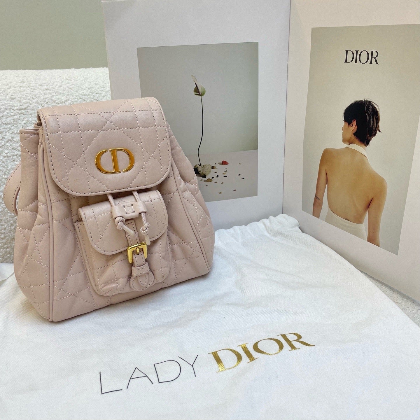 Small Dior Caro Backpack Powder Pink Macrocannage Lambskin