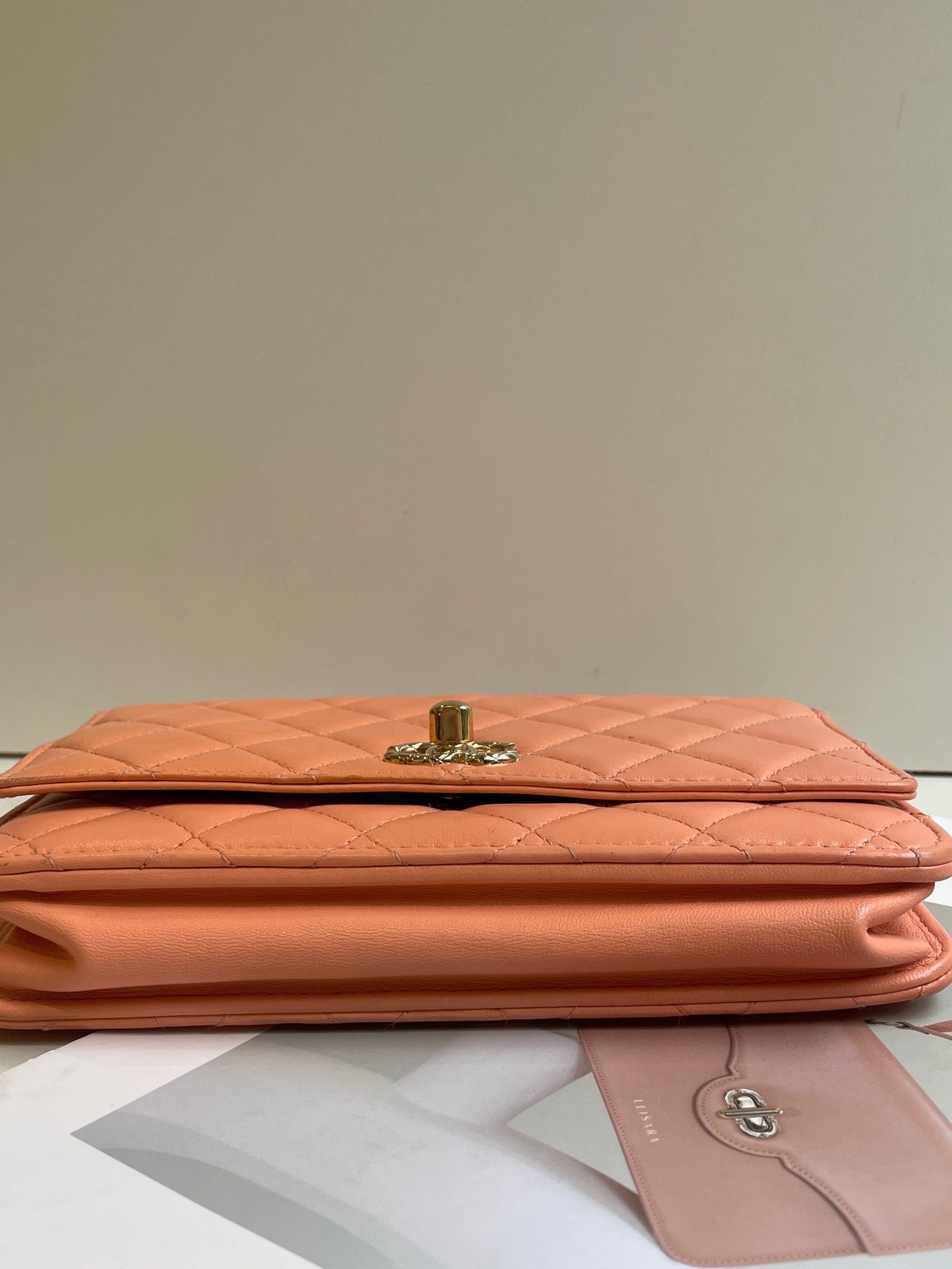 Chanel Orange Lambskin Lacquered Quilted Trendy CC Wallet Chain Bag